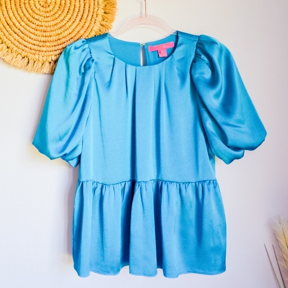 Lilly Pulitzer, Blakelynn Blue Rhapsody Puff Sleeve Satin Blouse Top, SZ Small 2 - Picture 3 of 12